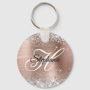 Llavero Rosa Dorada de Purpurina de Plata Monograma Elegan