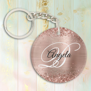Llavero Rosa Dorado Brillante Falso Glitter Foil Monograma