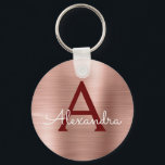 Llavero Rosa dorado burgundy acero inoxidable monograma<br><div class="desc">Rubor rosa - Rosa dorado y burgundy falso acero inoxidable metálico elegante llavero. Estos llaveros se pueden personalizar para incluir su inicial y primer nombre. Estos llaveros son excelentes regalos para cumpleaños,  despedida de soltera o fiesta de bachelorette.</div>