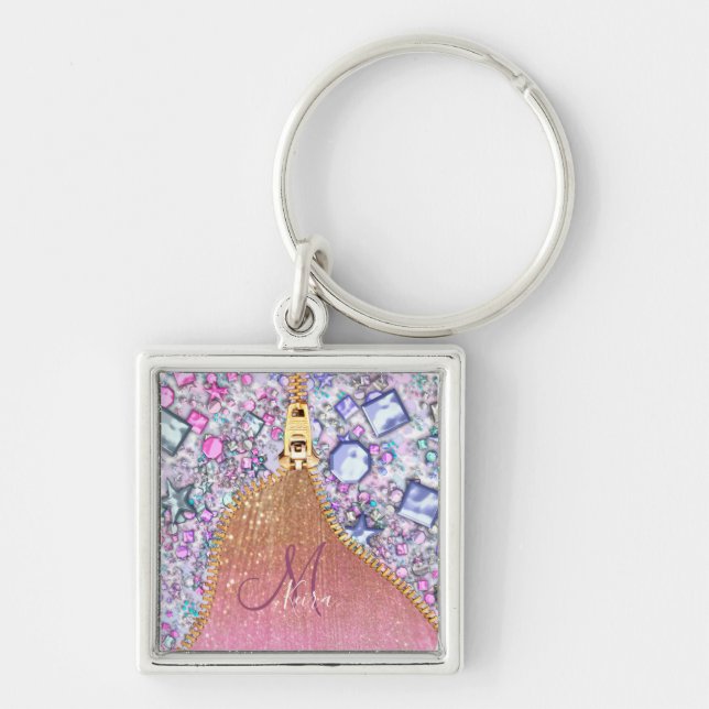 Llavero Rosa Monogramado Purpurina Girly Personalizado (Frente)