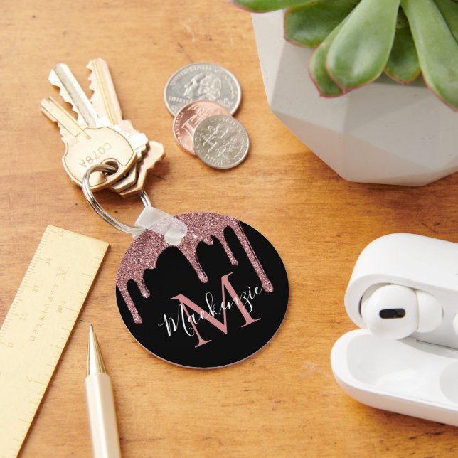 Llavero Rosa Negra Glitter Monograma con Goteo de Oro (Escritorio )