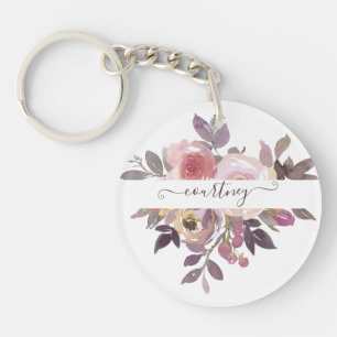 Llavero Rosa pastel y floral personalizado de color púrpur