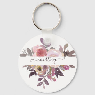 Llavero Rosa pastel y floral personalizado de color púrpur