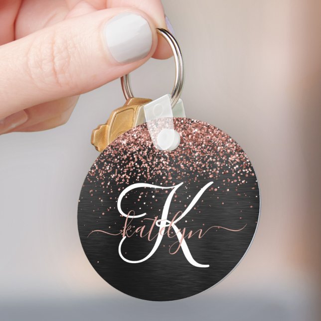 Llavero Rosa personalizado Purpurina de oro Monograma de e (Make your keys stand out with this gorgeous rose gold glitter keychain with your monogram and name)