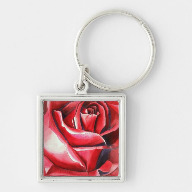 Llavero Rosa roja carmesí arte original acuarela (Frente)