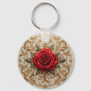 Llavero Rosa Roja Elegante Con Floral Dorado Ornamentado
