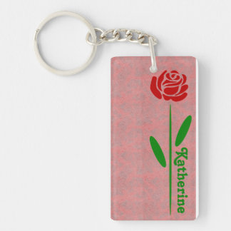 Llavero Rosa Roja Única Tallo Verde Hojas Personalizar Nom
