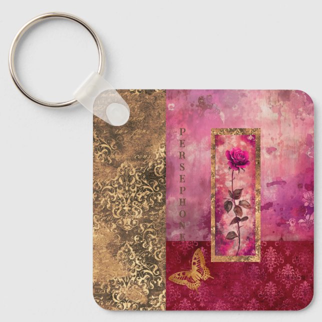 Llavero Rosa rosa caliente grunge estilo floral (Anverso)