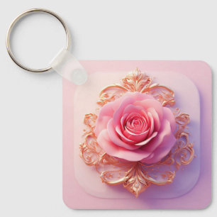 Llavero Rosa rosa con intrincados detalles ornamentales de