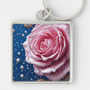 Llavero Rosa rosa elegante con perlas y cristales