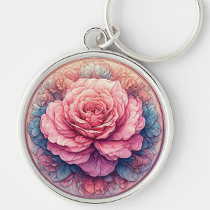 Llavero Rosa rosa en flor rodeada de detalles ornamentados