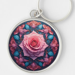 Llavero Rosa Vibrante en Flor rodeada de Detalles Ornament