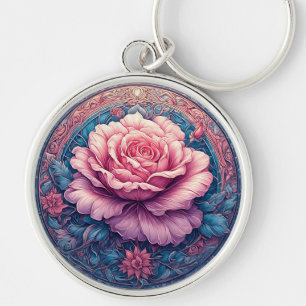 Llavero Rosa Vibrante en Flor rodeada de Detalles Ornament