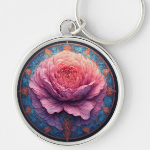 Llavero Rosa Vibrante en Flor rodeada de Detalles Ornament