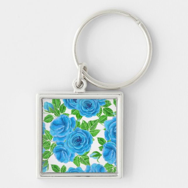 Llavero Rosas azules acuarela patrón transparente (Frente)