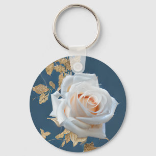 Llavero Rosas blancas y hojas de oro sobre fondo azul
