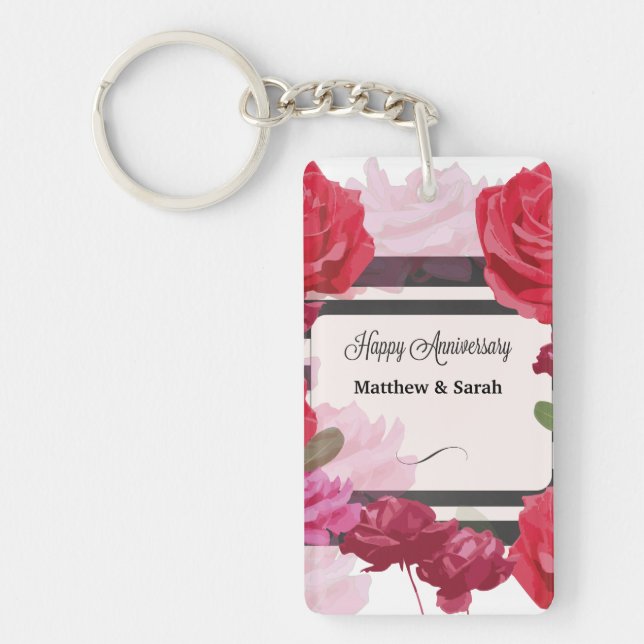 Llavero Rosas de Aniversario boda, franjas, nombres person (Frente)