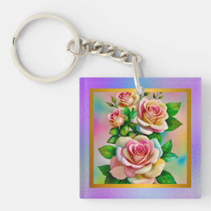 Llavero Rosas de Elegancia Rosa y Amarillo Acuarela Pastel