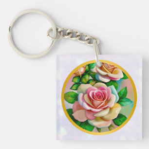 Llavero Rosas de Elegancia Rosa y Amarillo Acuarela Pastel