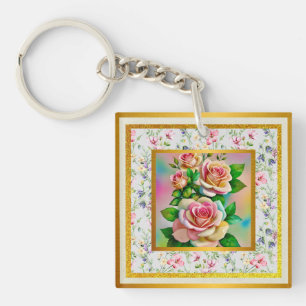 Llavero Rosas de Elegancia Rosa y Amarillo Acuarela Pastel