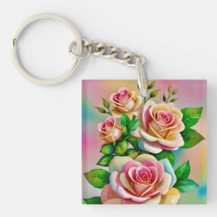 Llavero Rosas de Elegancia Rosa y Amarillo Acuarela Pastel