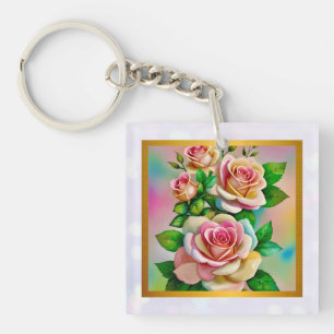 Llavero Rosas de Elegancia Rosa y Amarillo Acuarela Pastel