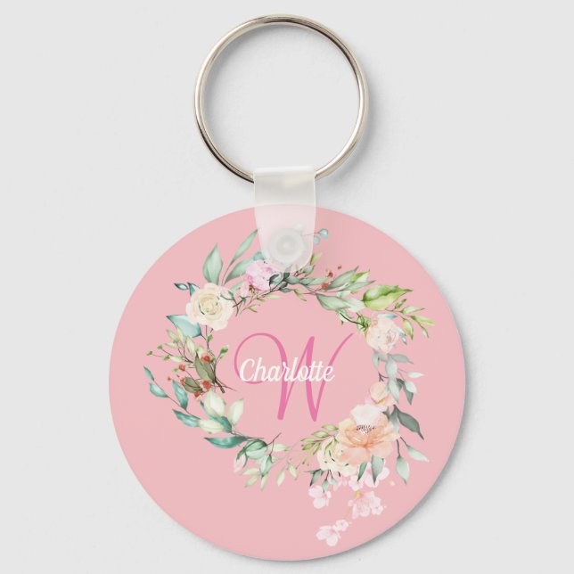 Llavero Rosas Floral Inicial Monograma Script Rosa (Anverso)