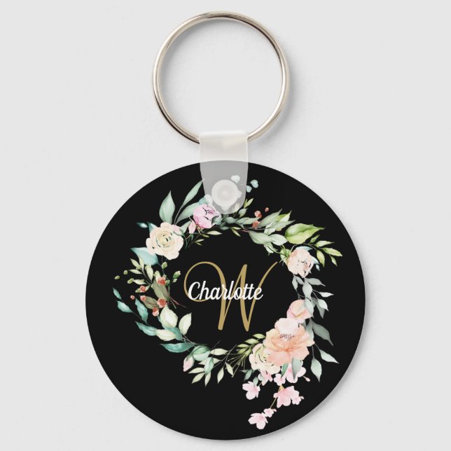 Llavero Rosas Floral Monograma Script Negro Oro (Anverso)