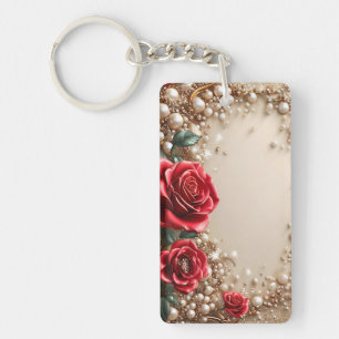 Llavero Rosas Rojas Elegantes Con Adornos Dorados
