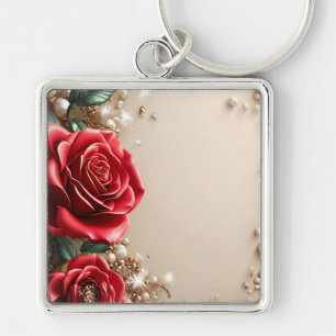 Llavero Rosas Rojas Elegantes Con Adornos Dorados