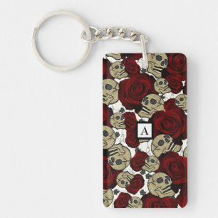 Llavero Rosas Rojas y Calaveras Gris Floral Gótico Blanco