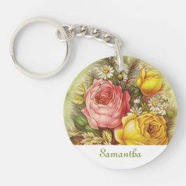 Llavero Rosas rosa y amarilla vintage añada tu nombre