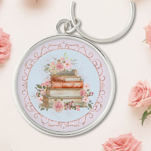 Llavero Rosas rosadas vintage y flores de libros en acuare