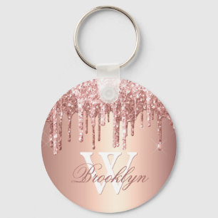 Llavero Rose Gold Sparkle Glitter Drips Monogram Initial