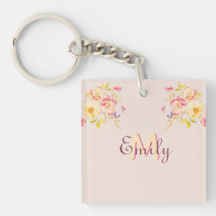 Llavero Roses amarillas rosadas de color de agua, monogram