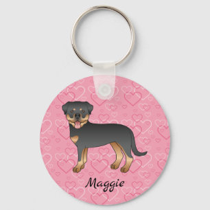 Llavero Rottweiler Negro Y Tan Sobre Corazón Y Nombre Rosa