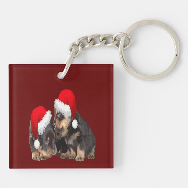 Llavero Rottweilers de Navidad con Sombreros Festivos de F (Atrás)