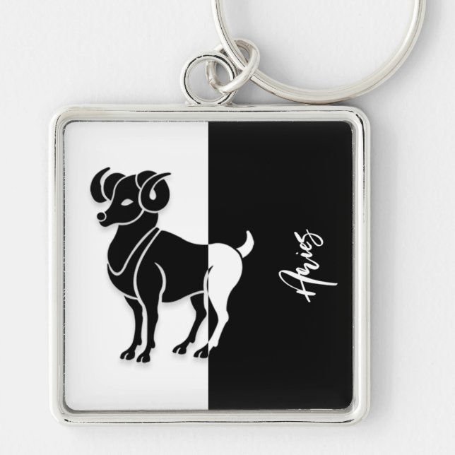 Llavero Rótulo Aries Zodiac, Keychain negra y blanca (Frente)