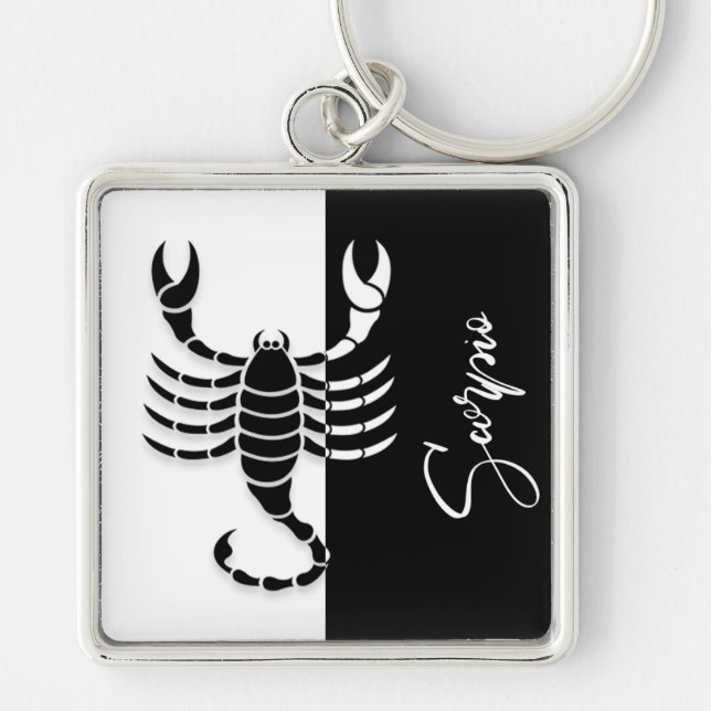 Llavero Rótulo Escorpio Zodiaco, Keychain Blanco y Negro (Frente)