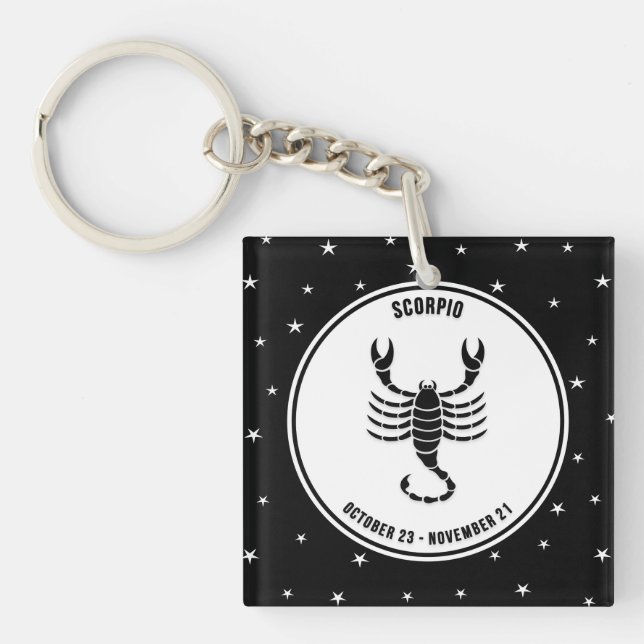 Llavero Rótulo Escorpio Zodiaco, Keychain Blanco y Negro (Frente)