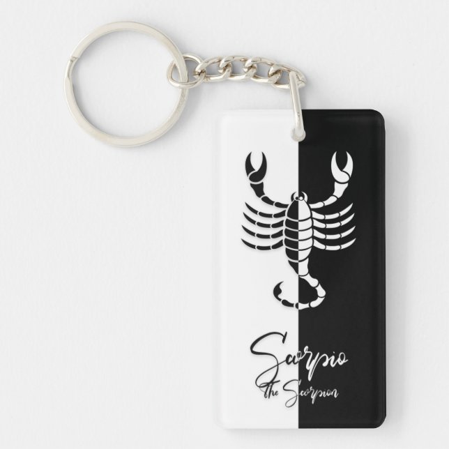 Llavero Rótulo Escorpio Zodiaco, Keychain Blanco y Negro (Frente)