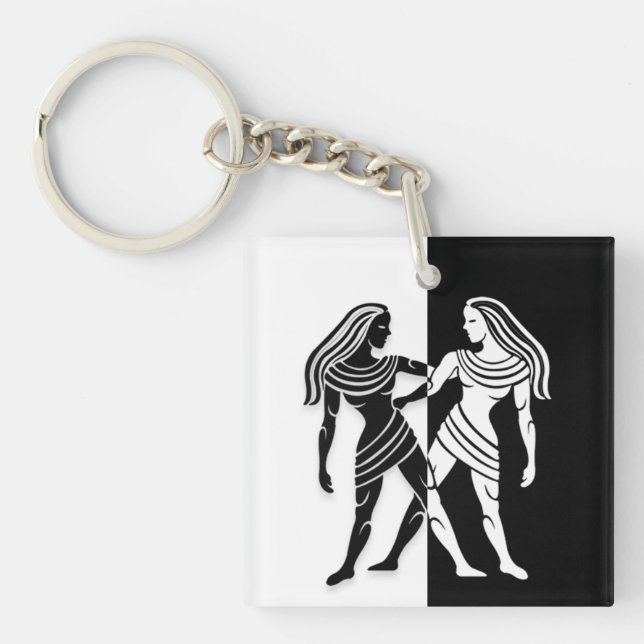 Llavero Rótulo Gemini Zodiac, Keychain Blanco y Negro (Frente)