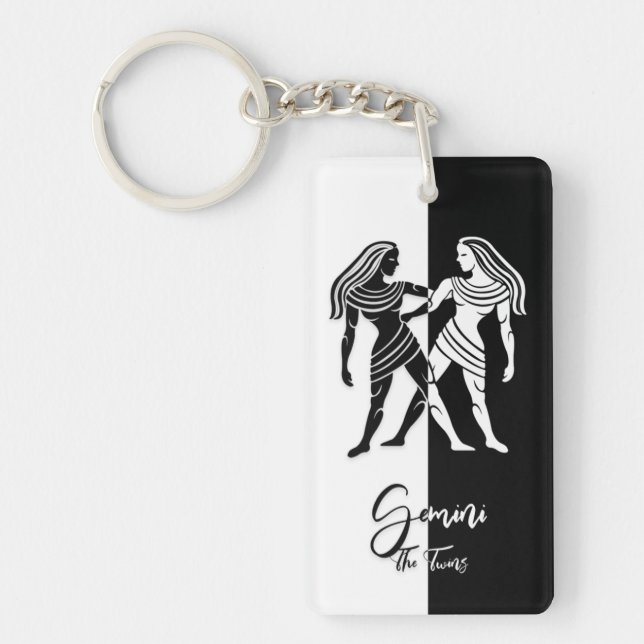 Llavero Rótulo Gemini Zodiac, Keychain Blanco y Negro (Frente)
