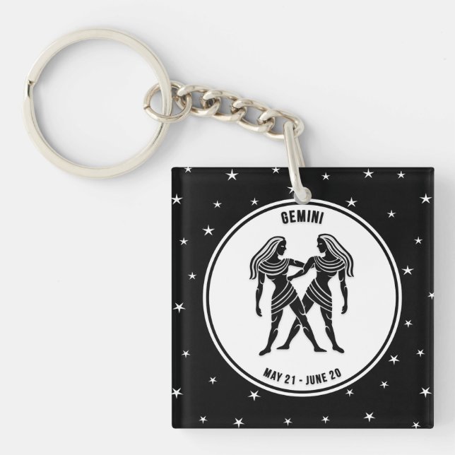 Llavero Rótulo Gemini Zodiac, Keychain Blanco y Negro (Frente)