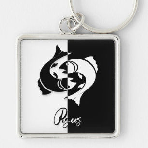 Llavero Rótulo Pisces Zodiac, Keychain en blanco y negro