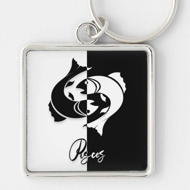 Llavero Rótulo Pisces Zodiac, Keychain en blanco y negro (Frente)