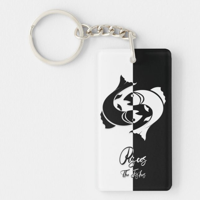 Llavero Rótulo Pisces Zodiac, Keychain en blanco y negro (Frente)