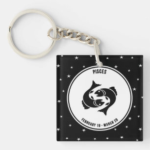 Llavero Rótulo Pisces Zodiac, Keychain en blanco y negro