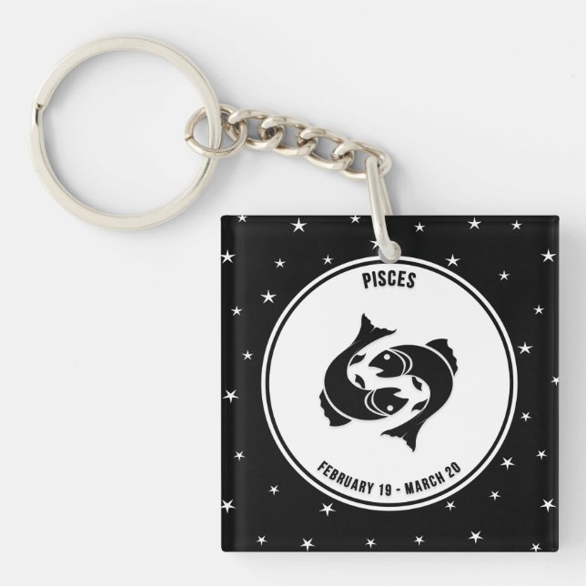 Llavero Rótulo Pisces Zodiac, Keychain en blanco y negro (Frente)