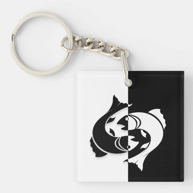 Llavero Rótulo Pisces Zodiac, Keychain en blanco y negro (Frente)